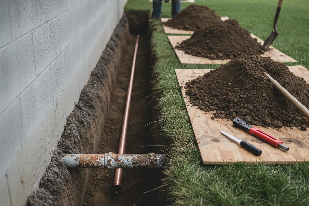 Excavated water line trench during Water Softener Installation in Queenstown